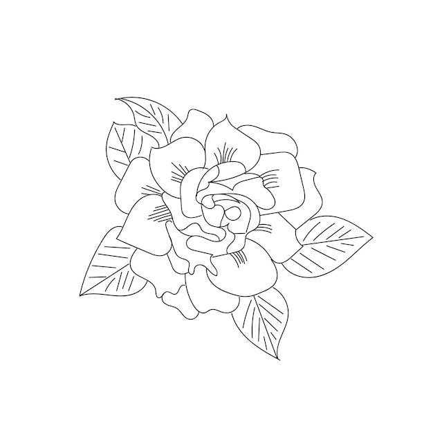 Rose Flower Line Art met bladeren geïsoleerd