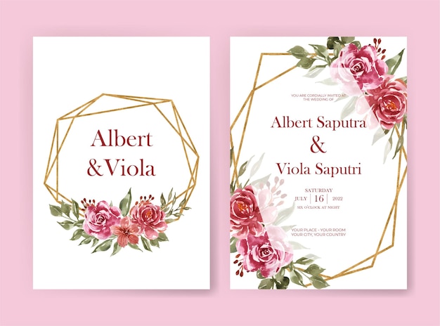 バラの花の水彩画の結婚式の招待状セット