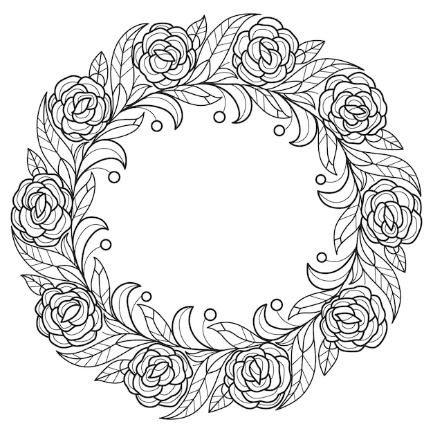 Rose flower wreath hand drawn for adult coloring book