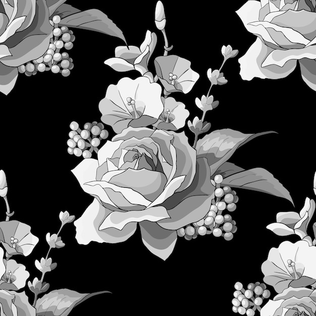 Rose flowers black and white seamless pattern background