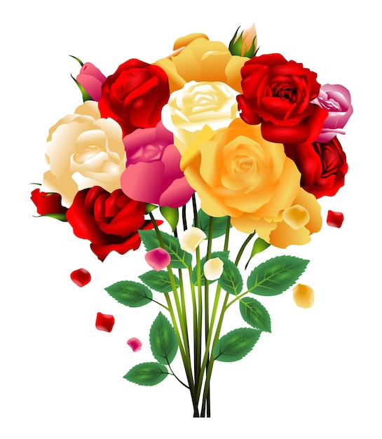 장미 꽃은 다양한 색상 모양으로 현실적인 세트입니다. 장미 꽃다발. 장미 꽃 현실적인 다채로운