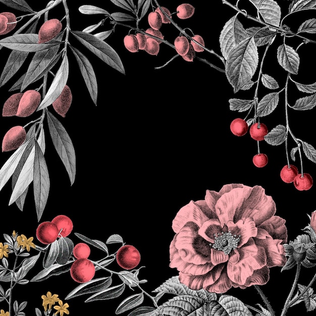 Cornice rosa vintage floreale illustrazione vettoriale e frutti su sfondo nero Vettore Premium