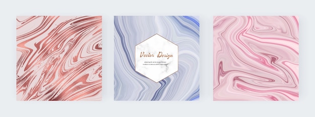 Rose gold, blue and pink liquid ink painting abstract square banners.