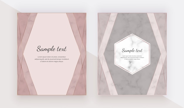 Rose gold design cards with polygonal lines frames.