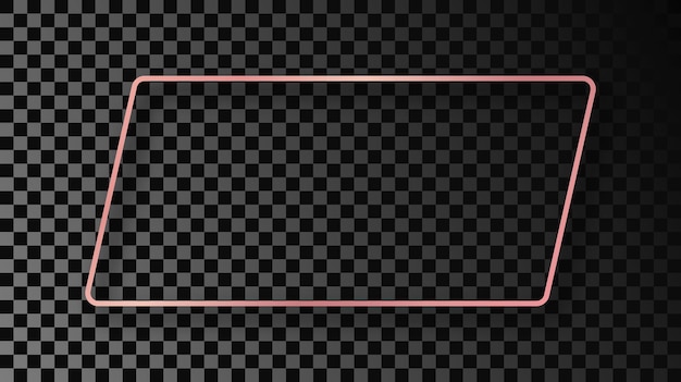 Светящаяся округлая прямоугольная рамка из розового золота с тенью, изолированной на темном прозрачном фоне. Блестящая рамка со светящимися эффектами. Векторная иллюстрация.