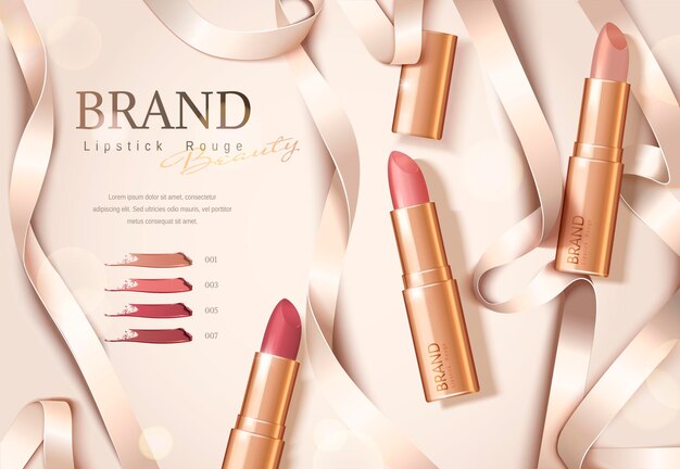 Vector rose gold package lipstick banner with ribbons in flat lay, 3d illustration