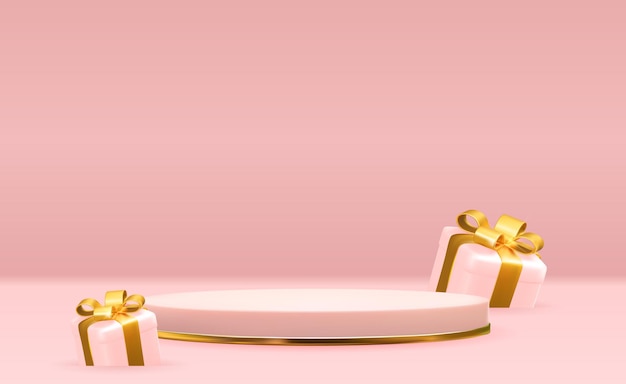 Rose gold pedestal over pink pastel natural background with 3D gift box Trendy empty podium display for cosmetic product presentation fashion magazine Copy space vector illustration