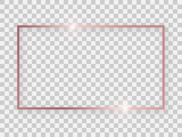 透明な背景に輝く効果と影のあるローズゴールドの光沢のある16x9の長方形のフレーム。ベクトルイラスト