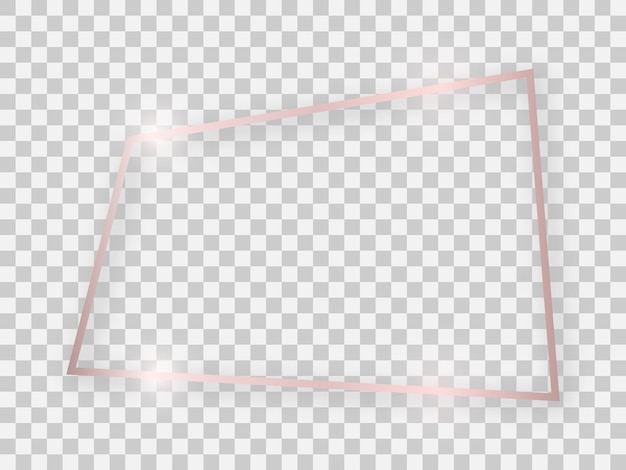 투명한 배경에 빛나는 효과와 그림자가 있는 로즈 골드 빛나는 직사각형 프레임. 벡터 일러스트 레이 션