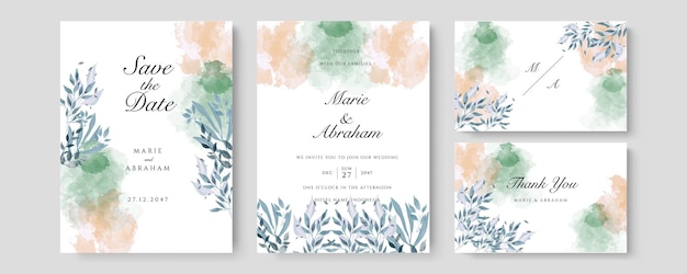 Vector rose gold watercolor wedding invitation card template set with golden floral decoration. abstract background save the date, invitation, greeting card, multi-purpose vector