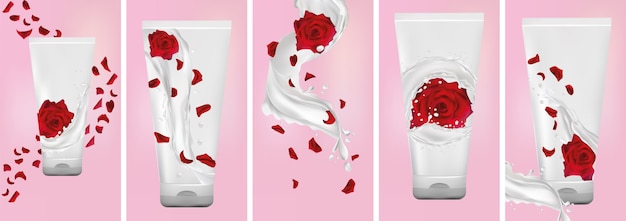 Rose handcrème, melk splash met bloem roos. Set design pakket crème. Vliegende roos, bloemblaadjes en spetterende yoghurt