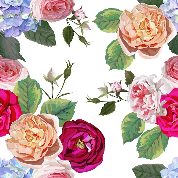 Rose and hydrangea floral bouquet  seamless pattern