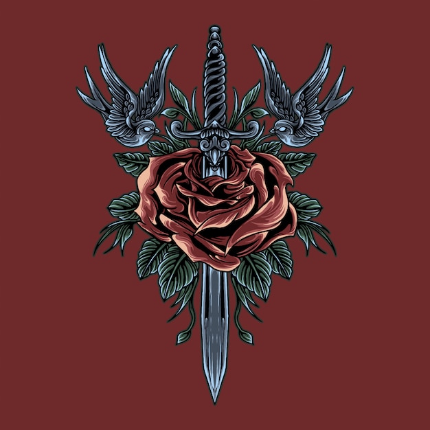 Vector rose and knife with birds