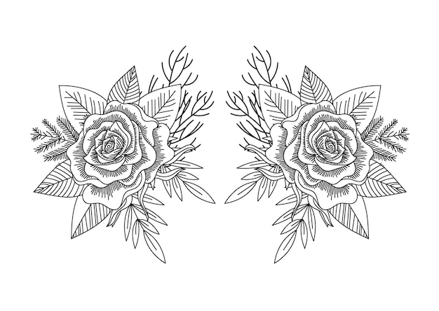 Rose and leafs black and white vector