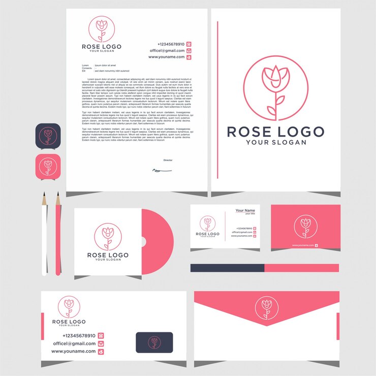 Vector rose logo design with a line style  with stationery