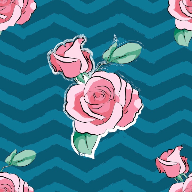 Rose pink flower hand drawn wave strips pattern