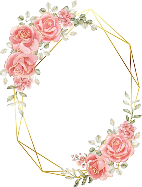 Vector rose pink gold hexagonal floral frame flower frame for the background