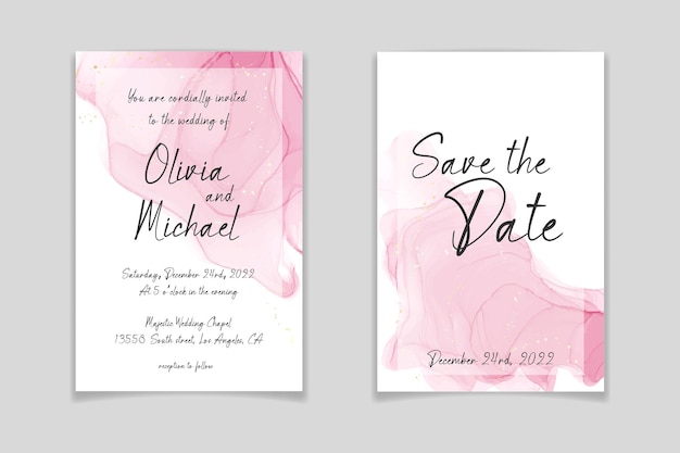 Rose pink liquid watercolor background with golden dots. Dusty blush marble alcohol ink drawing effect. Vector illustration design template for wedding invitation, menu, rsvp.