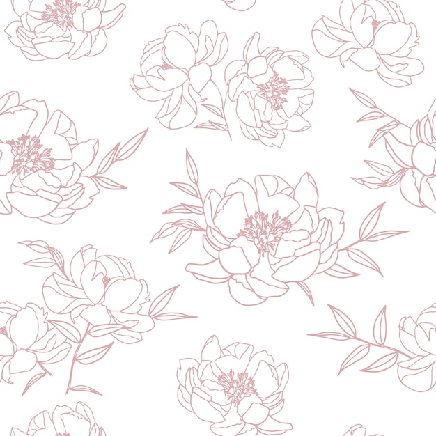 Rose, pioenroos naadloze bloemenpatroon. Vector hand getekend naadloze florale achtergrond met botanische roos, bladeren. Geweldig voor uitnodigingen, stof, print, wenskaarten decor