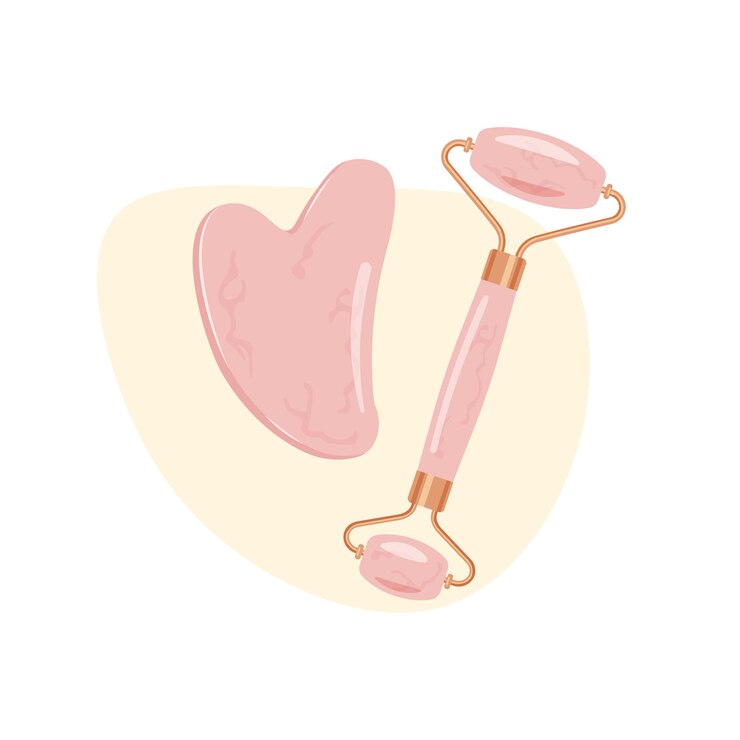 Vector rose quartz face massage roller and gua sha chinese traditional woman facial lifting