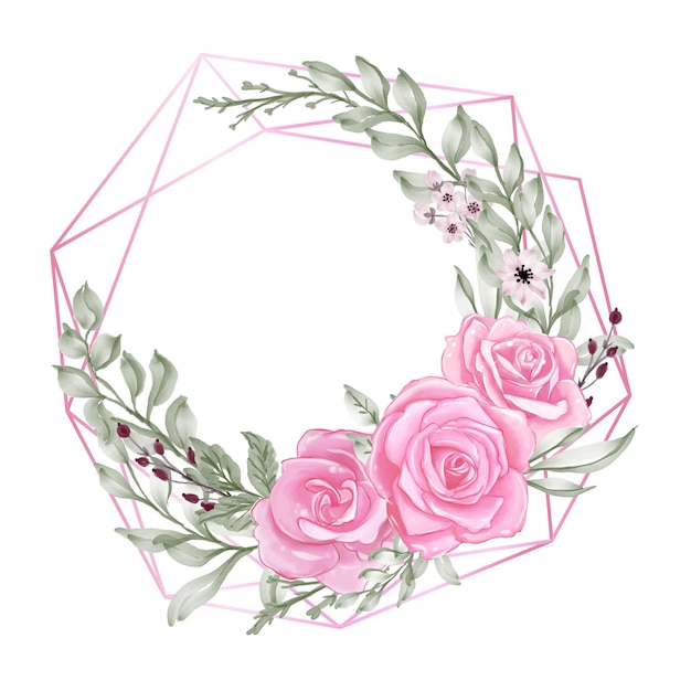 Vector rose roze pastel met groene blad aquarel krans geometrische