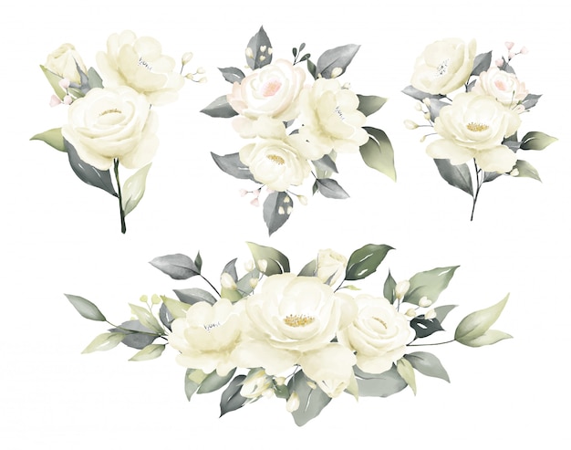 向量玫瑰水彩画白色和奶油花花束