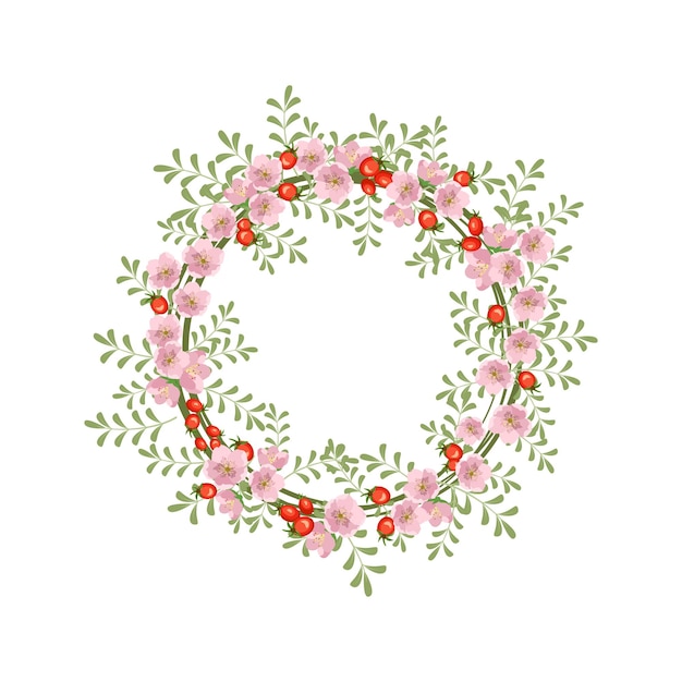 ローズヒップリースラウンドフレームかわいいピンクの花は赤い果実をバラし、結婚のためのお祝いの装飾を残します...