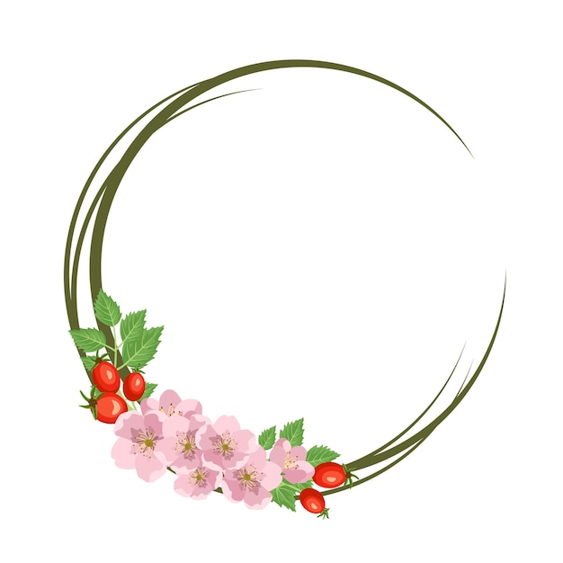 Rosehip wreath. round frame, cute pink flowers rose red fruits and leaves. festive decorations for wedding, holiday, postcard, poster and design. vector flat illustration