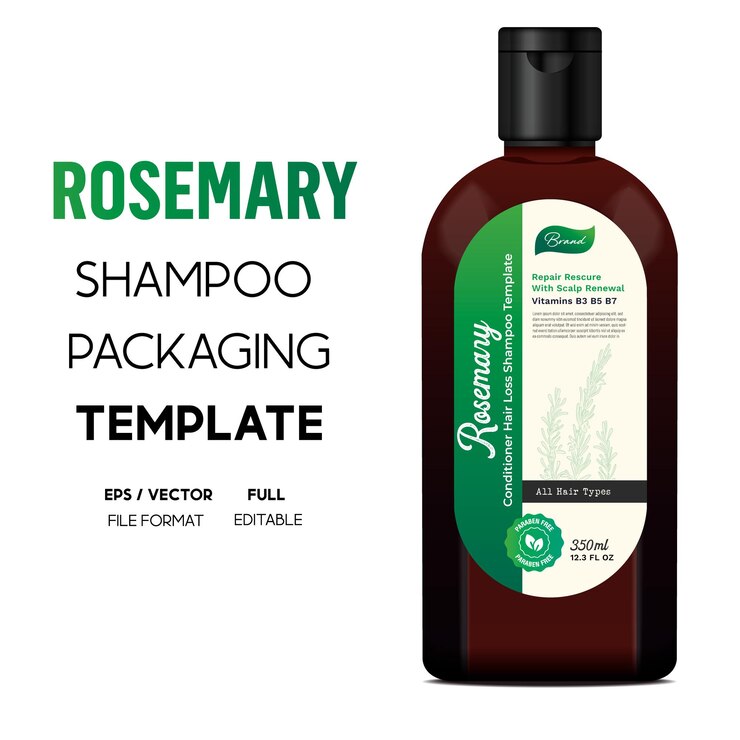 Vector rosemary menthol shampoo packaging design template for hair care and shampoo bottle vector