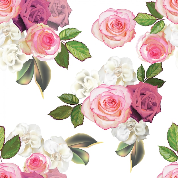 Roses bouquet  pink color and begonia flower seamless pattern