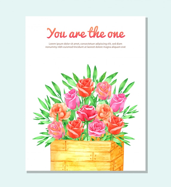 Vector roses flower in basket with waterolor for greeting card