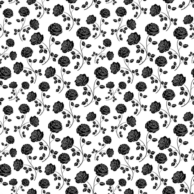 Roses flower black and white seamless pattern vector floral silhouette