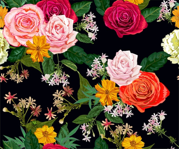 장미와 작은 꽃 원활한 패턴
