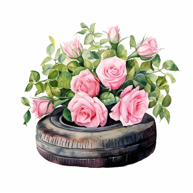 Vector roses planted in a tire watercolor paint