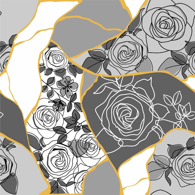 Розы бесшовный узор ткань лоскутное векторный принт кинцуги японское реставрационное искусство с трещинами швов серый и золотой трендовый цветной принт