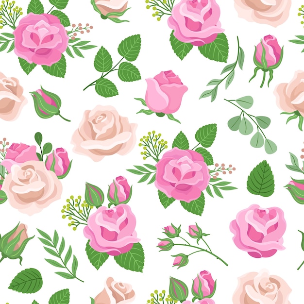 Roses seamless pattern rose print flowers textile design botanical art for wallpaper vintage pink ivory floral with branches neoteric vector background