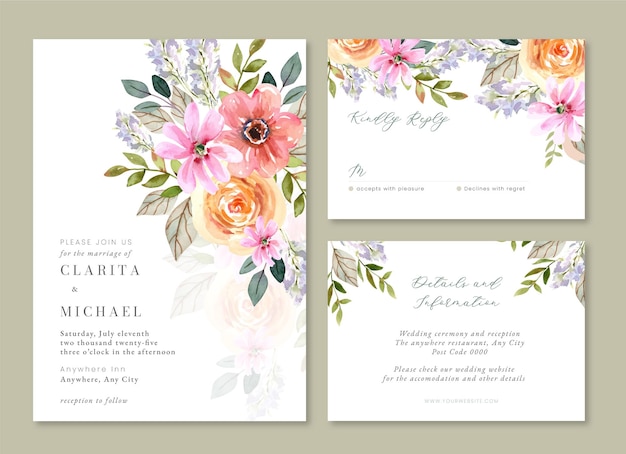 Vector roses watercolor floral feminine wedding invitation