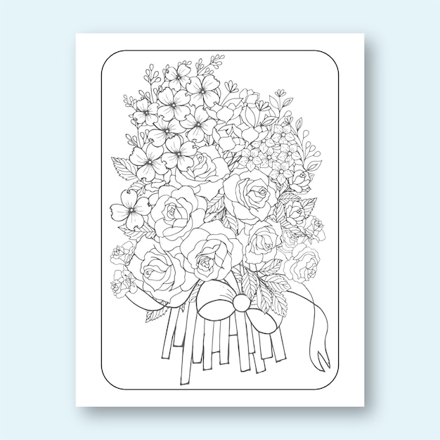 Rose con fiori selvatici linea arte disegni fatti a mano pagine da colorare per bambini e adulti