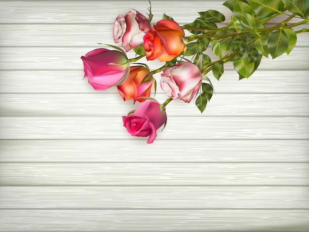 Vector roses on wooden background.