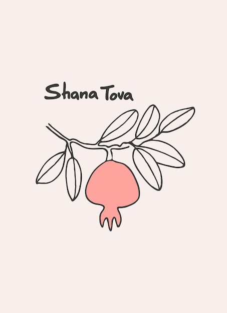 Rosh Hashana greeting vector background Wishing Happy New Year in Hebrew Handlettered text decorated with hand drawn pomegranate branch Isolated on the white