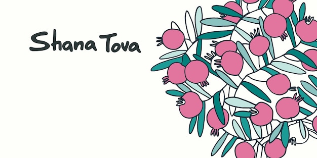 Rosh Hashana groet vector achtergrond Ik wens gelukkig nieuwjaar in het Hebreeuws Handlettered tekst versierd met hand getrokken granaatappel tak geïsoleerd op de witte