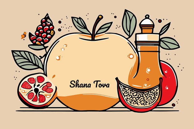 Disegno di carta rosh hashanah con melograno di mela su sfondo colorato in schizzo in stile doodle