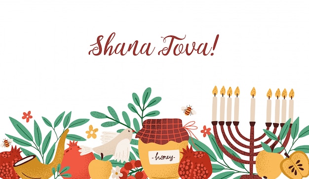 Rosh hashanah horizontal banner with shana tova inscription decorated by menorah, shofar horn, honey, apples, pomegranates and leaves.