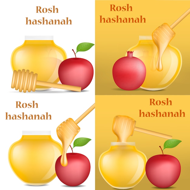 Rosh hashanah jewish holiday apple honey banner concept set