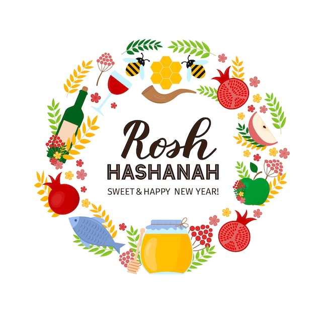 Vector rosh hashanah jewish new year lettering with traditional symbols jar of honey pomegranate apple etc easy to edit vector template for banner typography poster greeting card invitation flyer