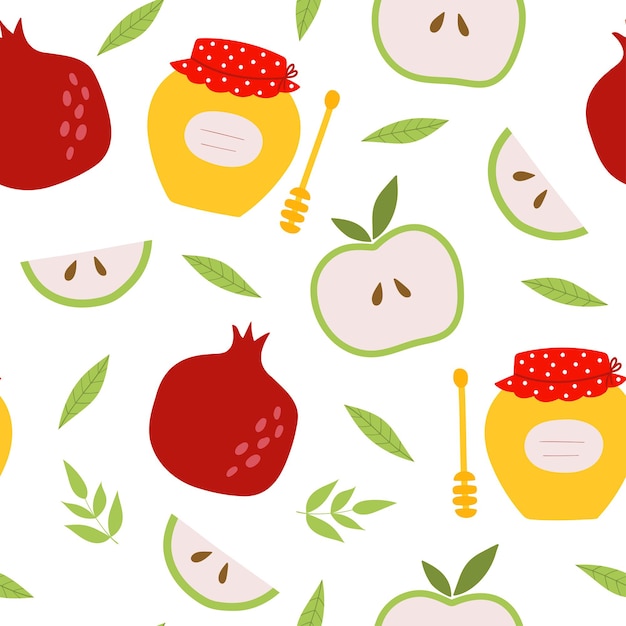 Rosh Hashanah Jewish New YearSeamless pattern with Apple pomegranate and honey