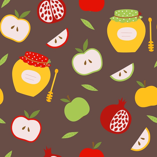 Rosj Hasjana Joods NieuwjaarNaadloos patroon met appel-granaatappel en honing