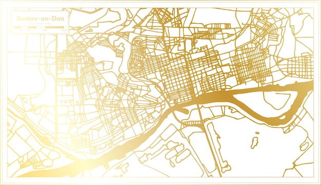 黄金色のアウトライン マップでレトロなスタイルでドン ロシア都市マップのロストフ
