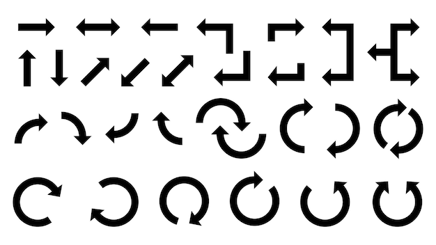 Vettore collezione di frecce di rotazione set di icone nere multiple piatte simbolo di segno freccia