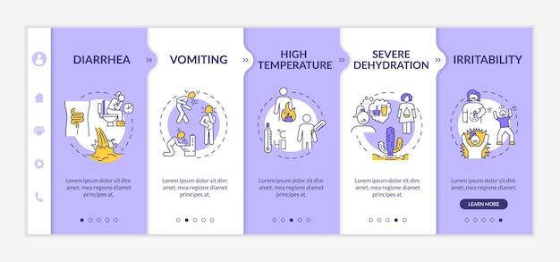 Vector rotavirus symptoms onboarding vector template. diarrhea, vomiting, dehydration stomach flu signs. responsive mobile website with icons. webpage walkthrough step screens. rgb color concept